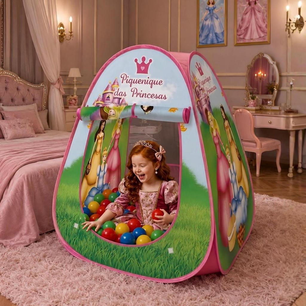 Barraca Infantil Tenda ou Toca Cabaninha Princesa Rosa Com 50 Bolinhas Coloridas ou Cor Única