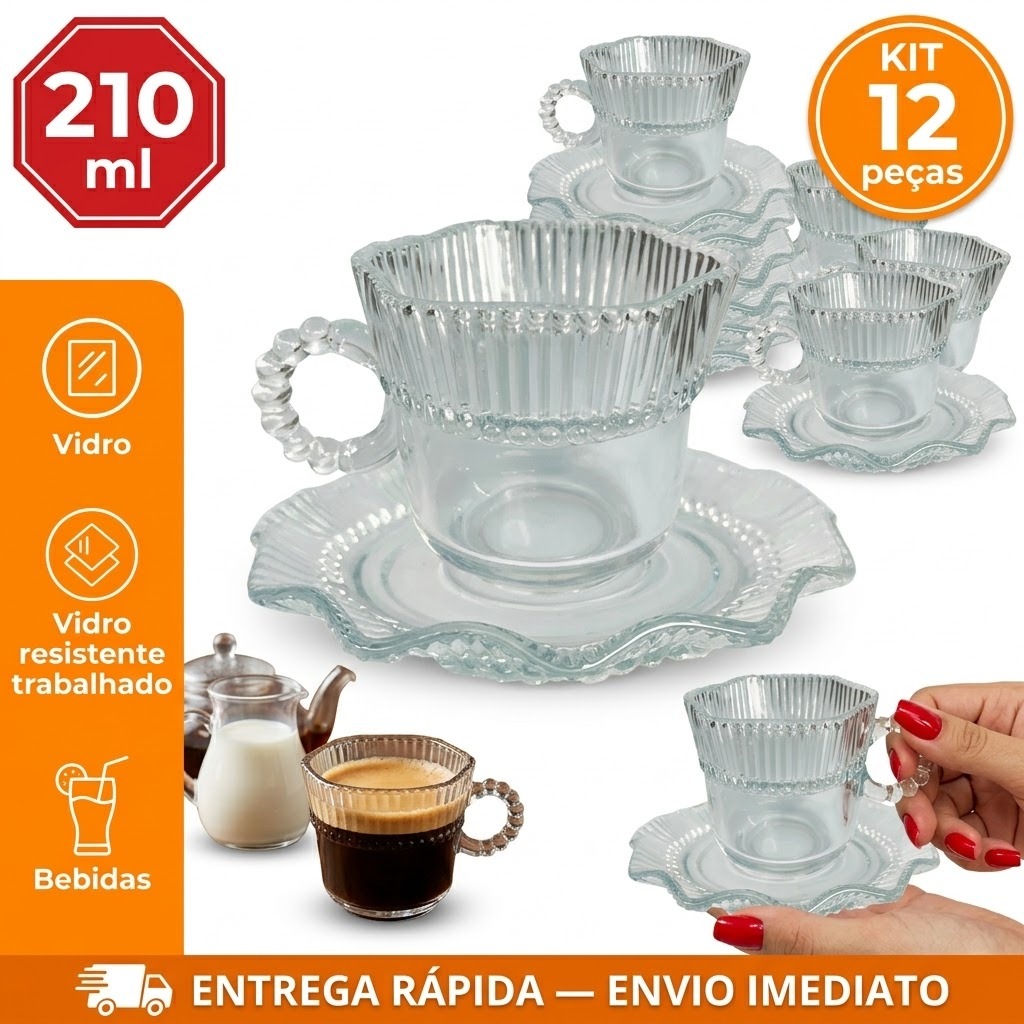 Kit Jogo 12 Peças Lynx Sendo 06 Xicaras 210ml de Vidro + 06 Pires Vidro Trabalhado Wincy Casa