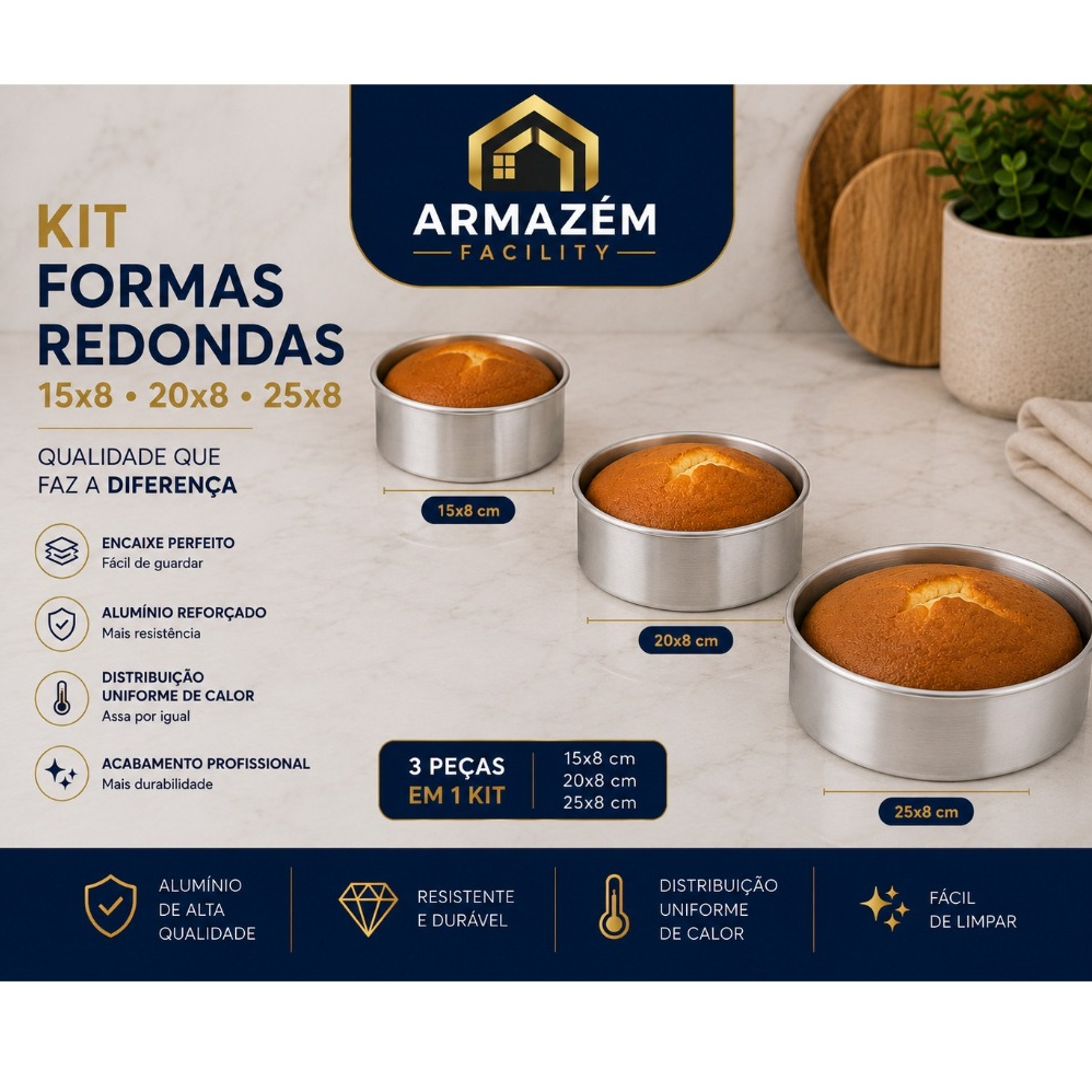 Kit C/3 Formas Redondas 15x8 20x8 e 25x8 Aluminio