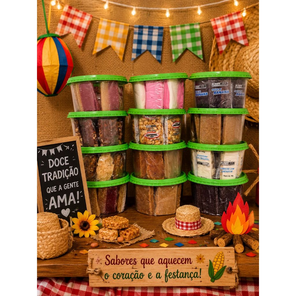Doces Festa Junina 2 Potes 20 unidades Pé de Moleque Pé de Moça Paçoca Cocada Geleia de Fruta Torron