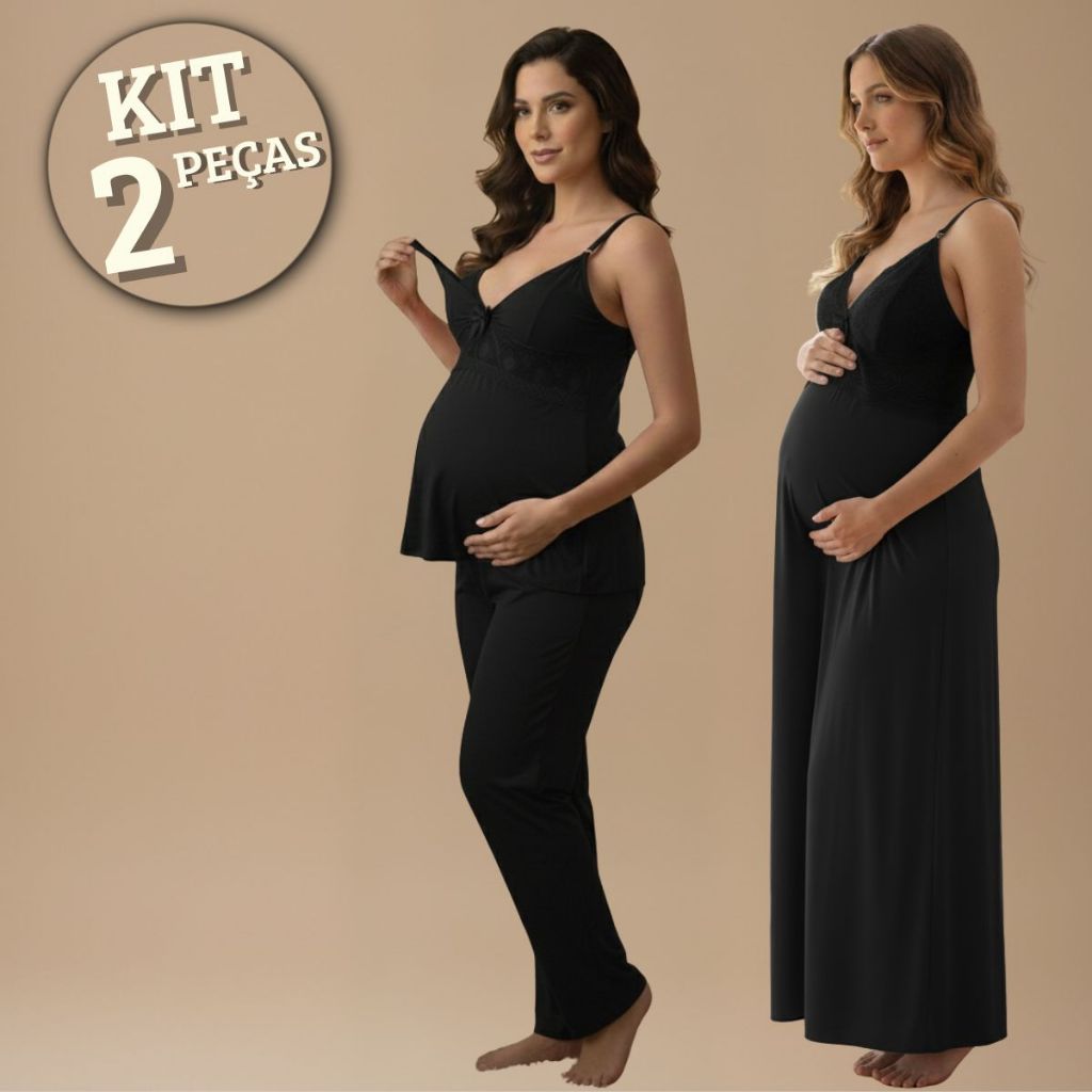 KIT Amamentação LONGO Pijama CALÇA DOLL com Blusa em Click + Camisola Longa com Detalhes em Renda.