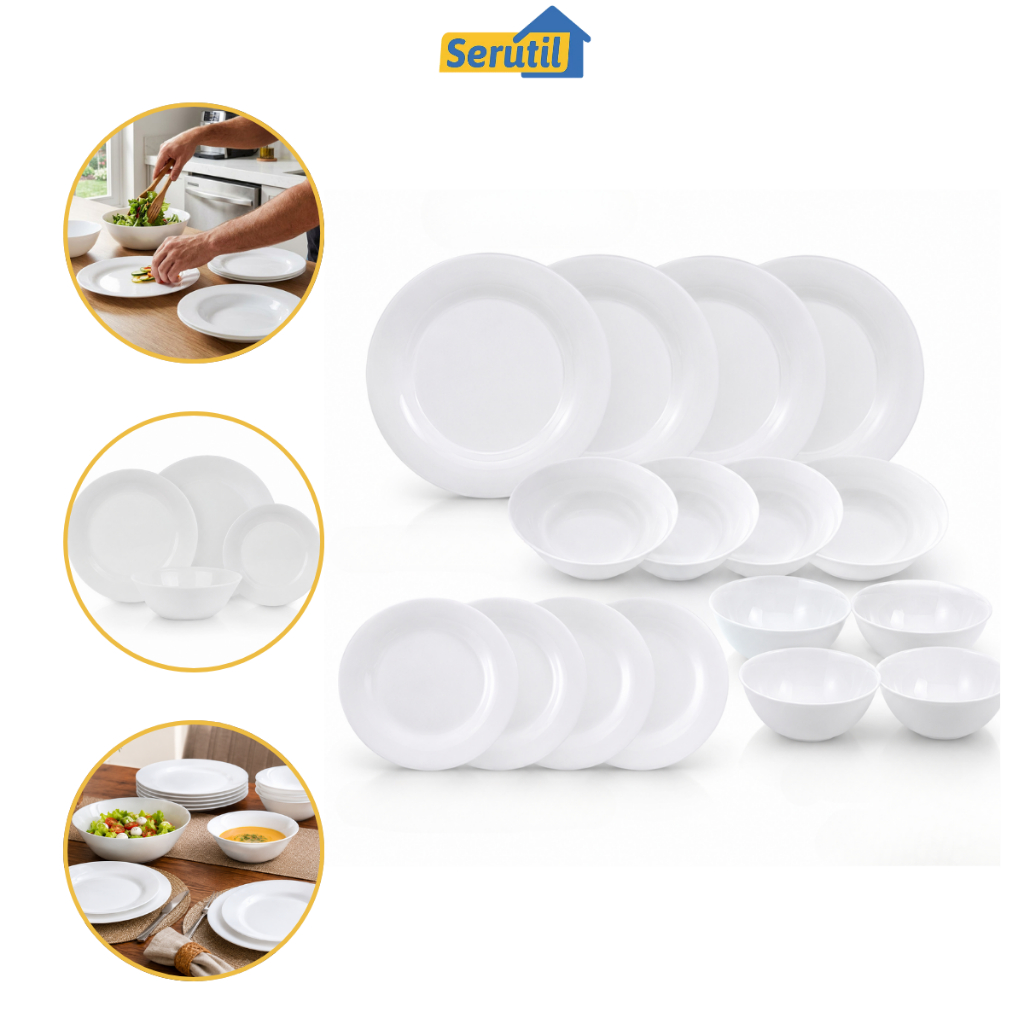 Aparelho de Jantar Opalina 16 Peças Branco Dagia Jogo de Jantar Completo com Pratos e Tigelas