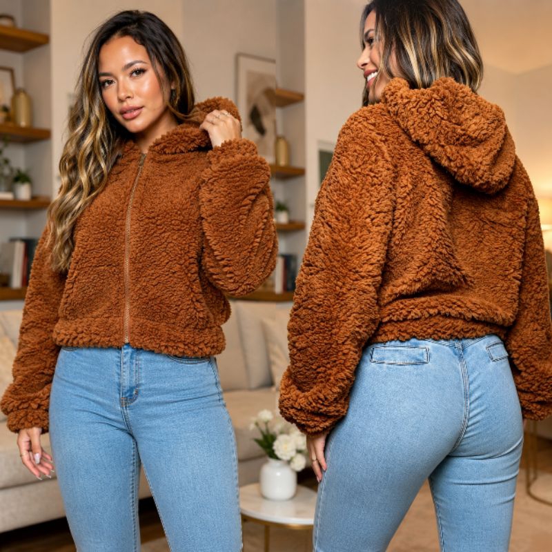 Casaco  Capuz Teddy Jaqueta De Ziper Moda Femenino Pelo Urso Blogueirinha.