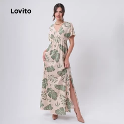 Lovito Vestido Longo Feminino Com Decote em V E Mangas Curtas DRB698BRL728