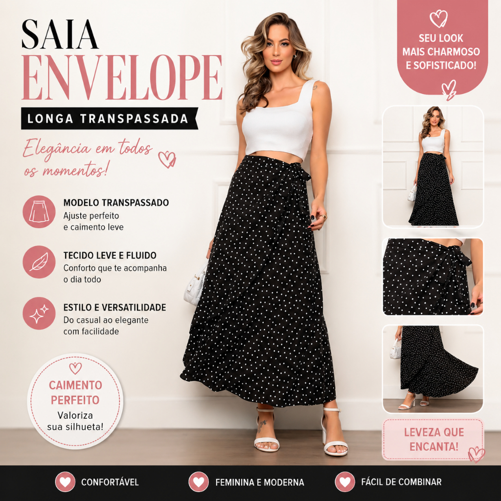 Saia Envelope Feminina Saia Transpassada Saia Envelope Longa Saia feminina Longa …