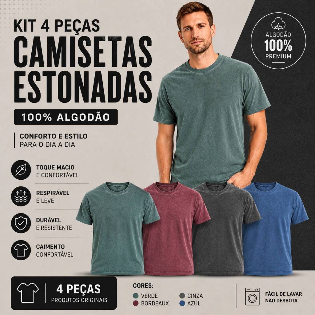 Kit 4 Camisetas Masculinas 100% Algodão Estonadas Premium P ao GG