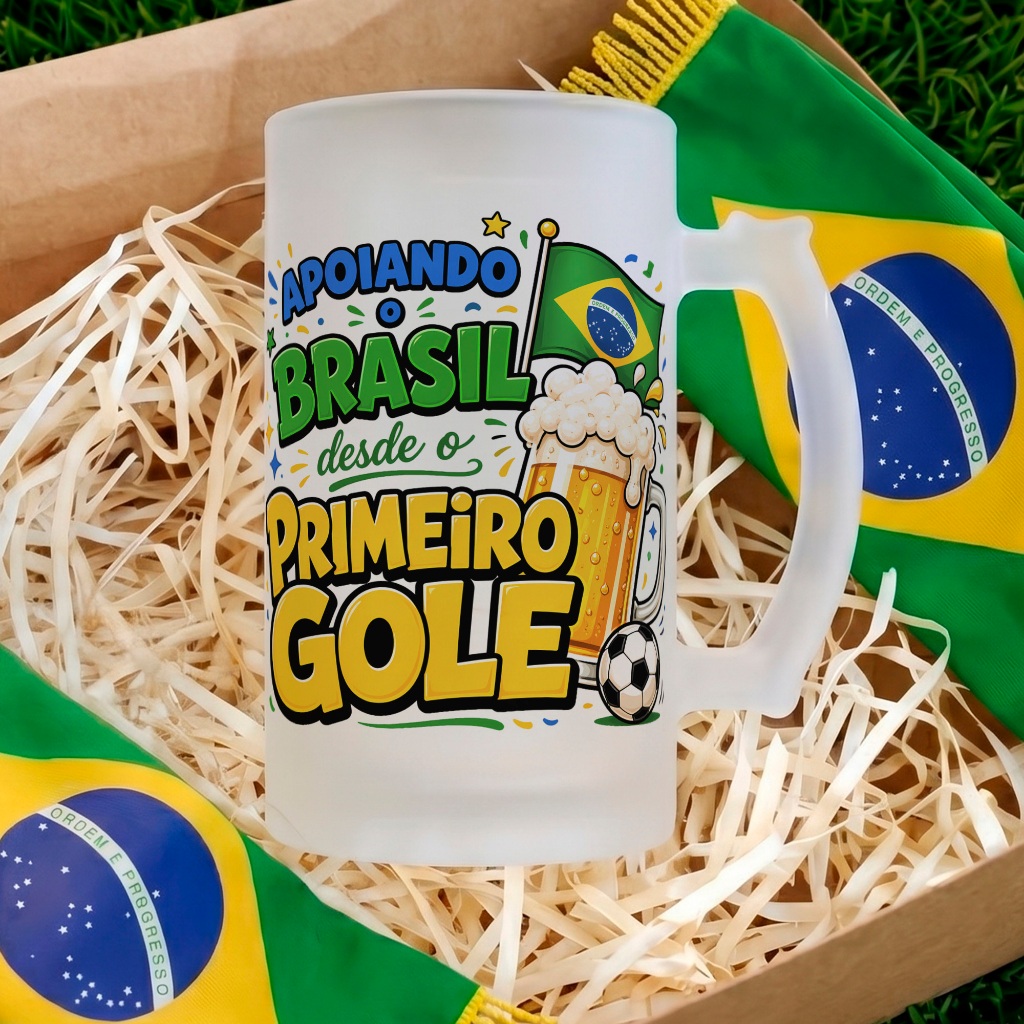 Caneca de Chopp Vidro Jateado Rumo ao Hexa Apoiando o Brasil Desde o Primeiro Gole