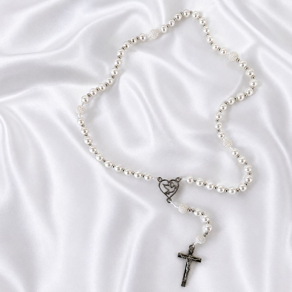Terço Católico Artesanal Branco Pérola- Nossa Senhora Aparecida