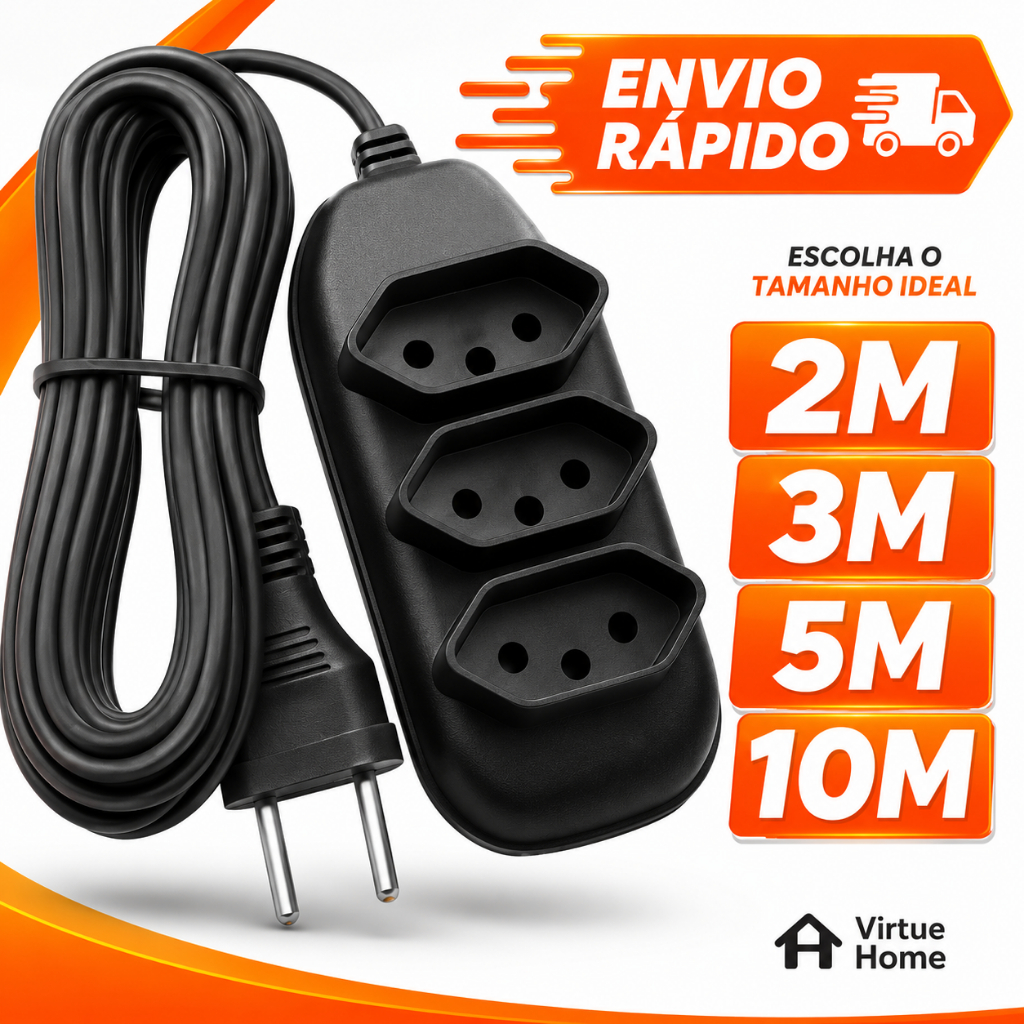 Extensão Elétrica 10, 5, 3, 2 Metros - BIVOLT 110/220 10A Tomada Tripolares Resistente Preta Durável