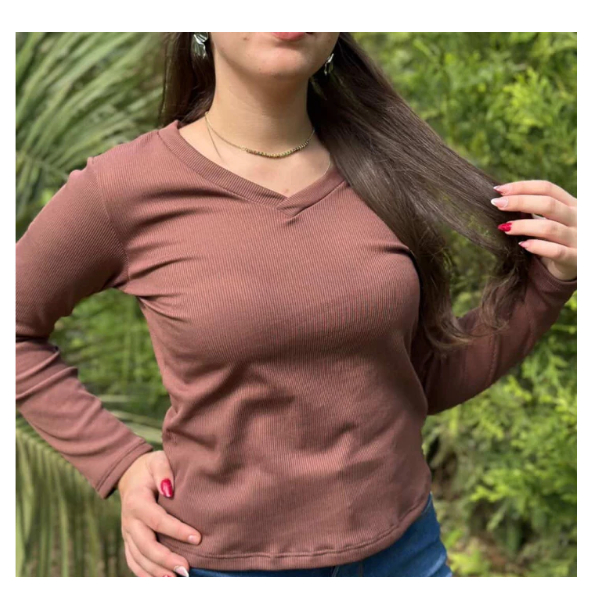 Blusa Térmica Feminina Gola V Cacharrel Canelada Flanelada Manga Longa Ribana Moda Inverno