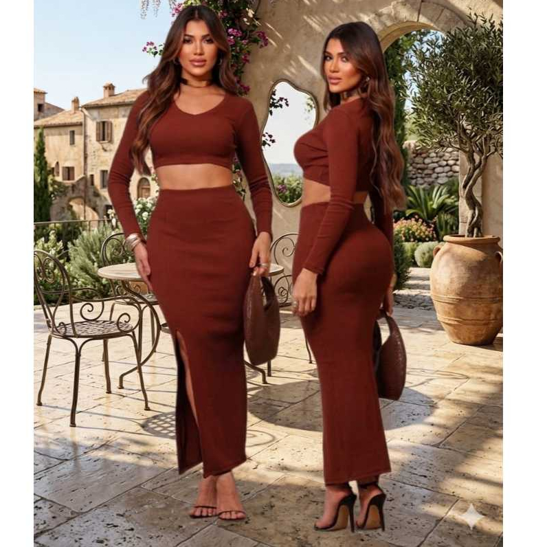 Conjunto Feminino Cropped Com Saia Longa Com Fenda Lateral  Elegante  Ribana Canelado Premium
