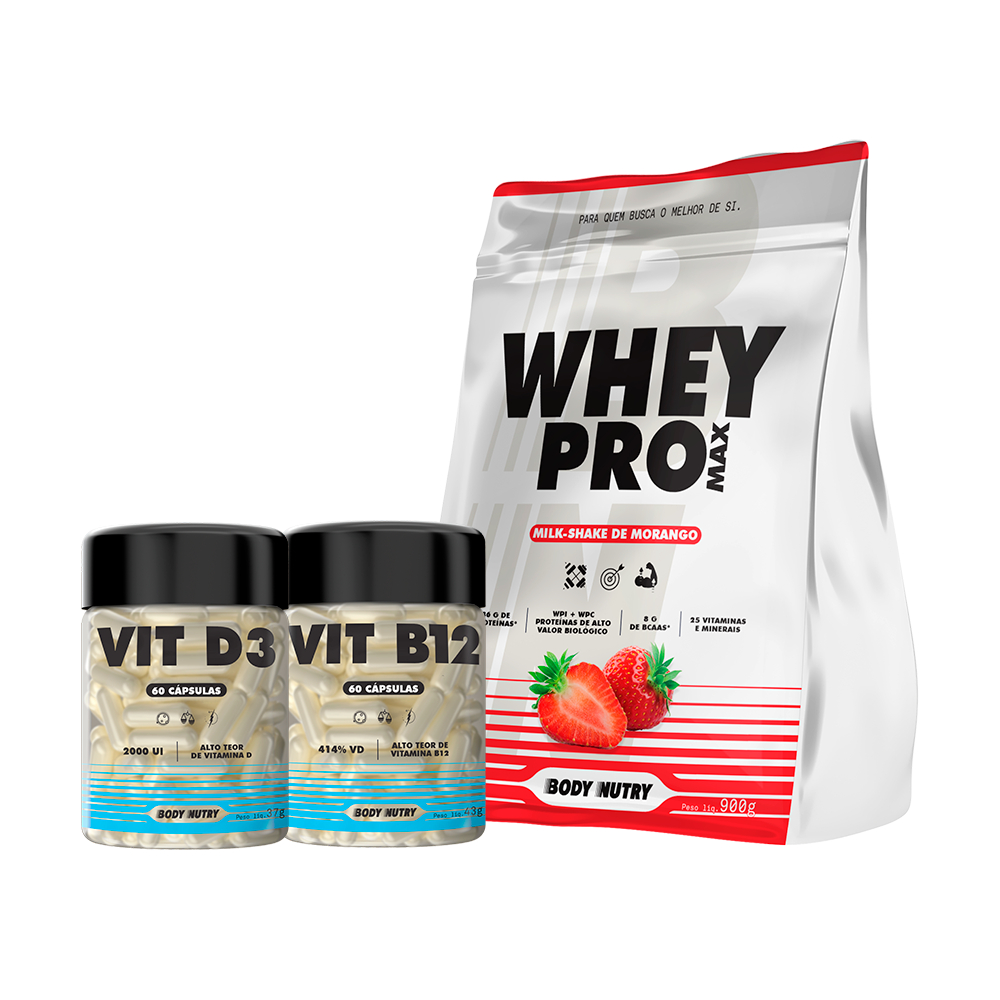 Kit Whey Protein 900g + Vitaminas D3 e B12 60 Caps - Ganho de Massa Muscular, Energia e Bem-Estar