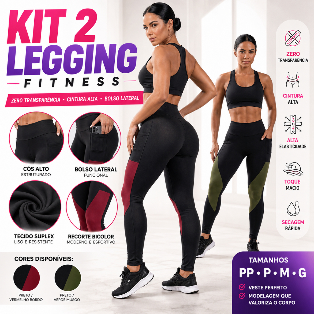 Kit 2 Calça Legging Feminina Academia Suplex Poliamida Zero Transparência  Bolso Lateral Recorte Bicolor Cintura Alta