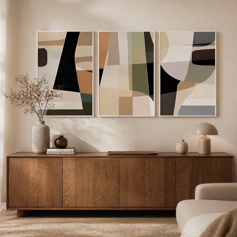 Quadro Decorativo Harmonia Abstrata 3 Telas Moldura Branca Parede Sala Escritório