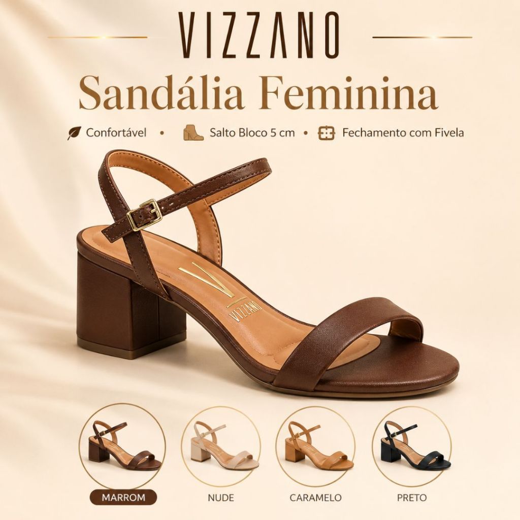 Sandália Feminina Vizzano Slide Confortável com Salto 5cm Bloco Médi Com Fechame