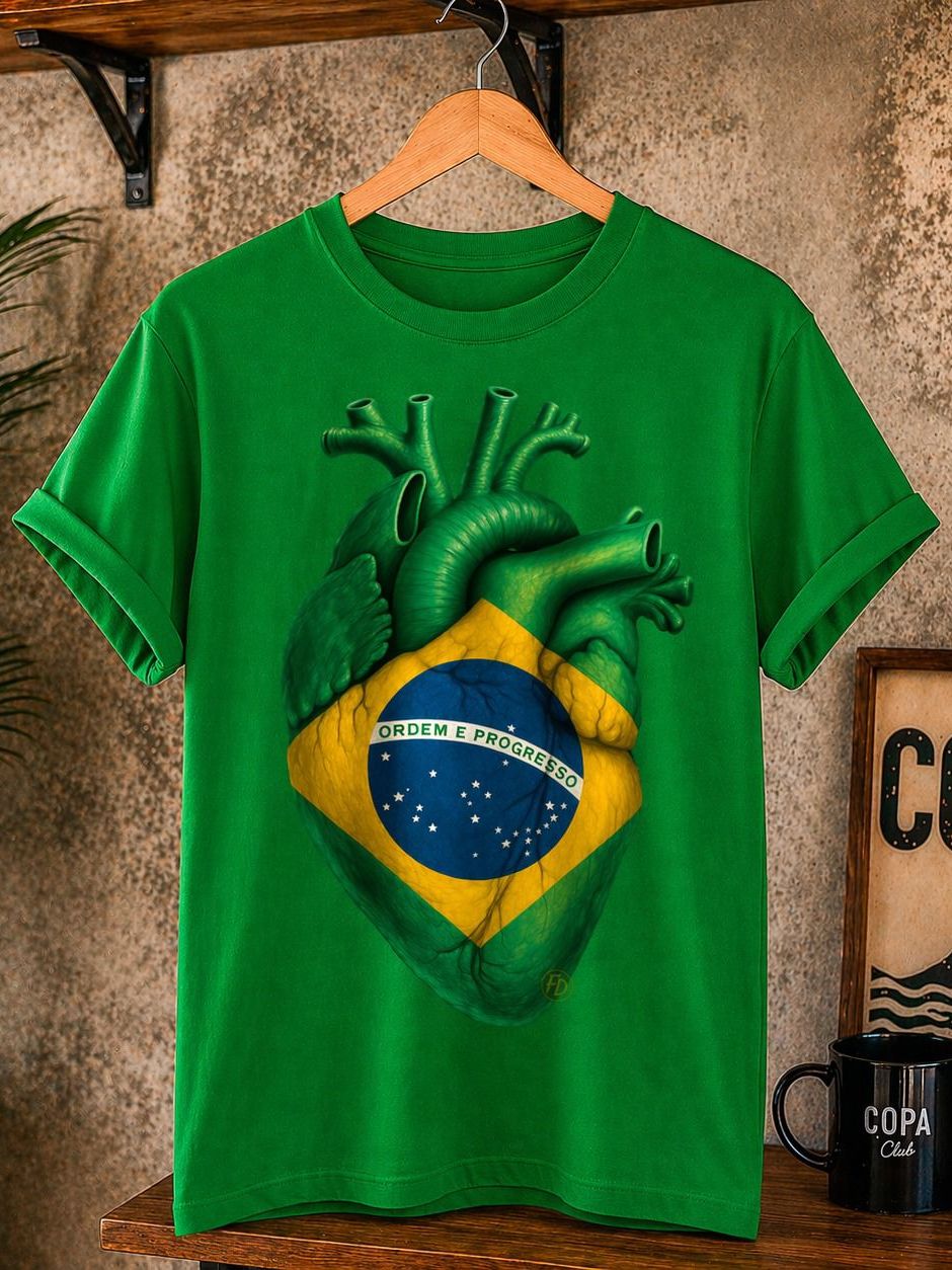 Camiseta Coração Brasil Anatômico Masculina Feminina Copa 2026 Seleção Brasileira Verde Algodão Casual Streetwear