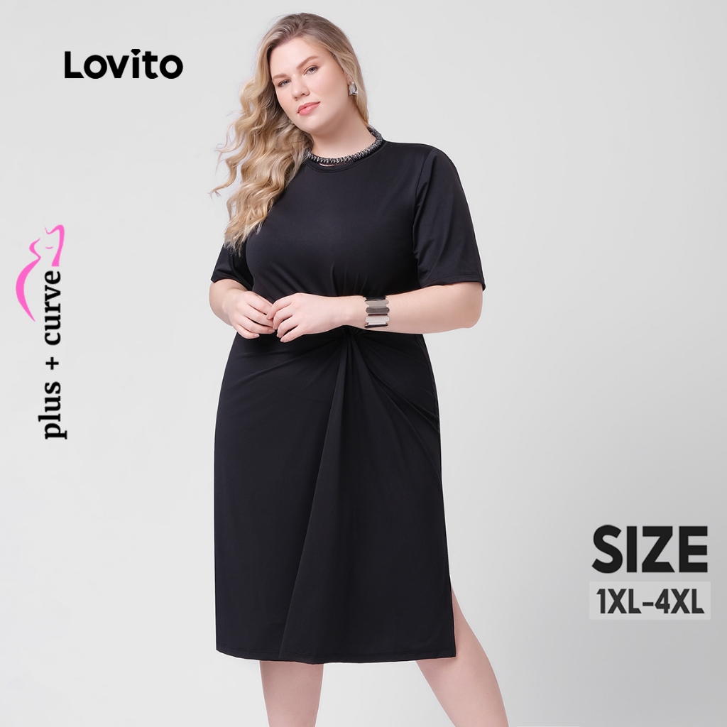 Lovito Vestido Plus Size Feminino Midi com Torcido na Frente DRB289BRL318