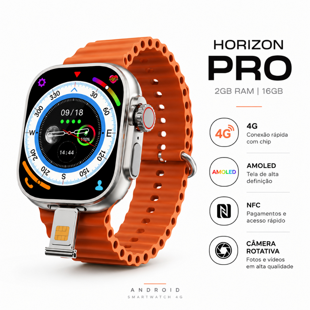 Smartwatch Horizon Pro 4G 5G 16GB 2GB RAM AMOLED Câmera Rotatória + NFC