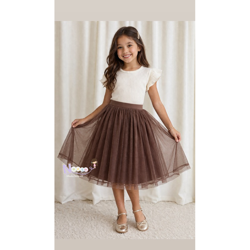 Saia Infantil Marrom /Café/ chocolate / de Tule com Glitter – Moda Evangélica – 6 a 14 Anos