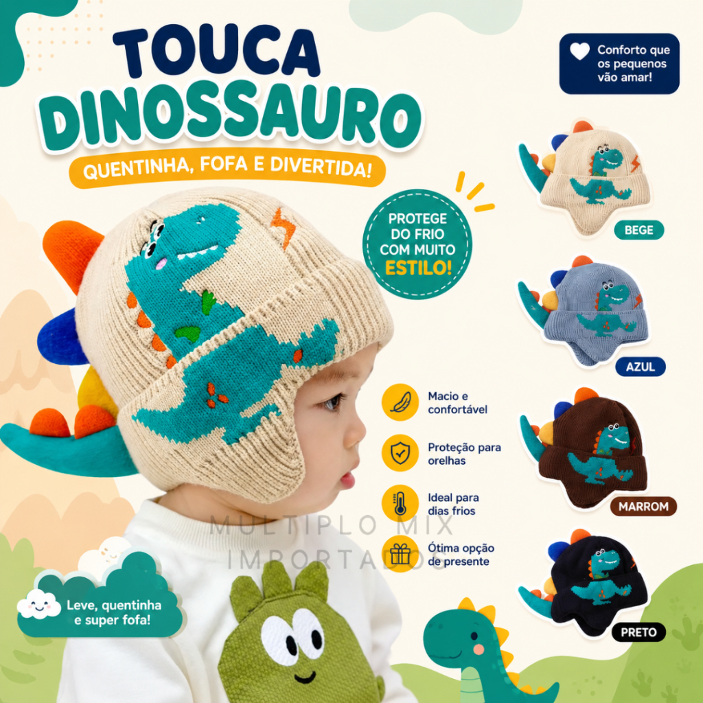 Touca Infantil Dinossauro 3D Forrada Estampa Tampa Orelha Para Menino Menina Dino