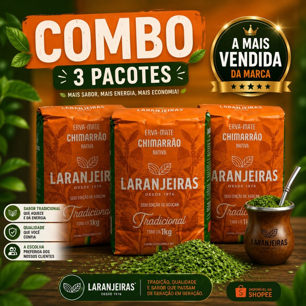 Combo 3 Erva-Mate Chimarrão Laranjeiras Tradicional 1Kg | A Mais Vendida da Marca | Mais Economia e Sabor