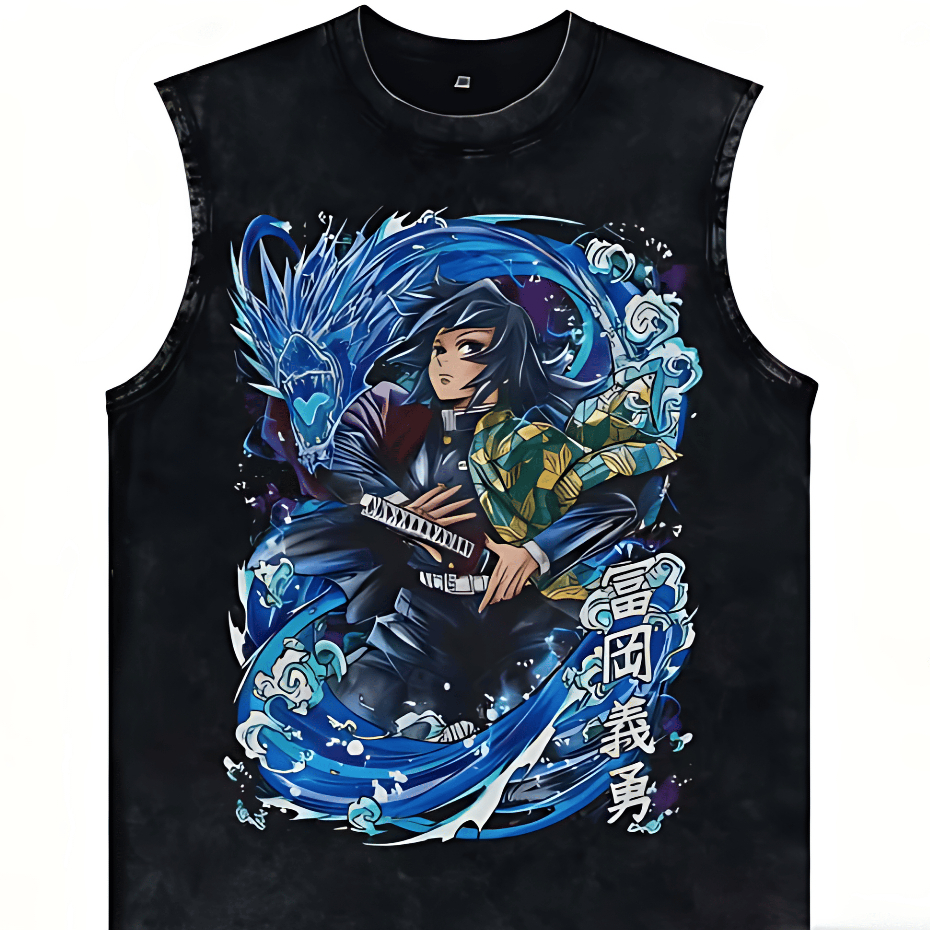 Camiseta Regata Machão Conforto Demon Slayer Tomioka Hashira da Água Algodão Camiseta Cavada Masculino Unissex Adulto