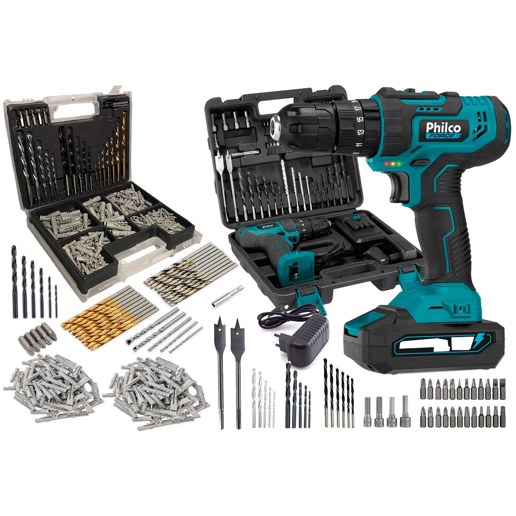 Parafusadeira Furadeira De Impacto 21v Philco + Kit Jogo 300 Peças Cor Preto