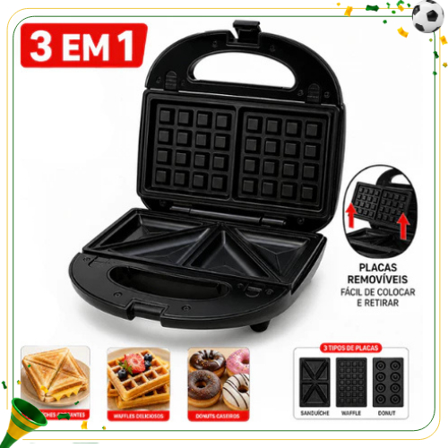 Sanduicheira 3 em 1 220V Grill Elétrico Waffle Donut Placas Removíveis Antiaderente Compacta 850W