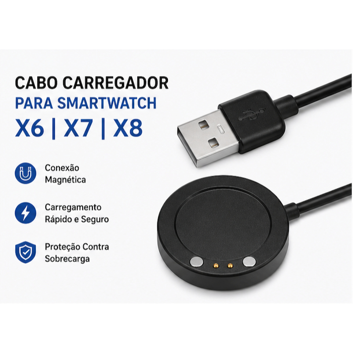 Cabo Carregador para SmartWatch X6 X7 X8 X9A T55 T500 T900 W66
