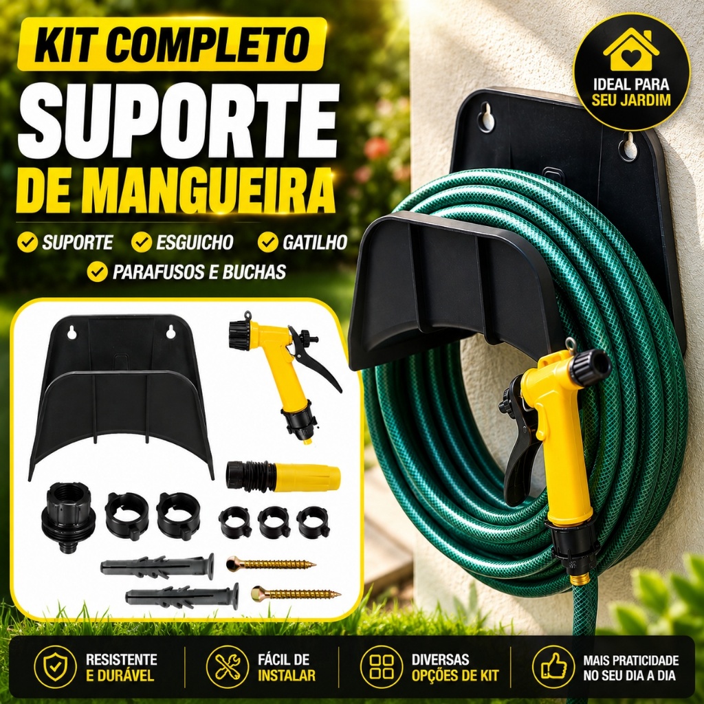 Suporte Mangueira Jardim Parede Preto Kit Completo Enrolador Esguicho Parafuso Reforçado