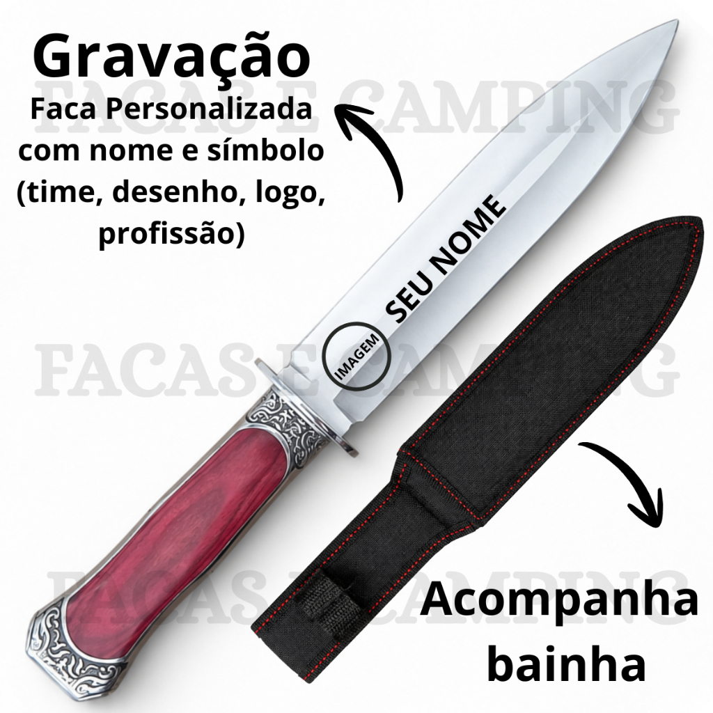 Adaga Premium Personalizada Aço Inox Cabo Vermelho Estilizado com Bainha