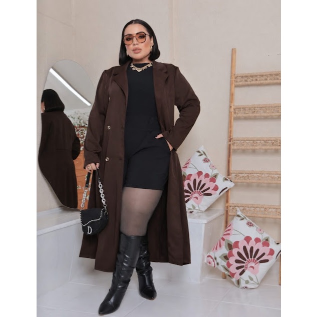 Sobretudo Plus Size Feminino Longo Lã Batida Casaco Inverno