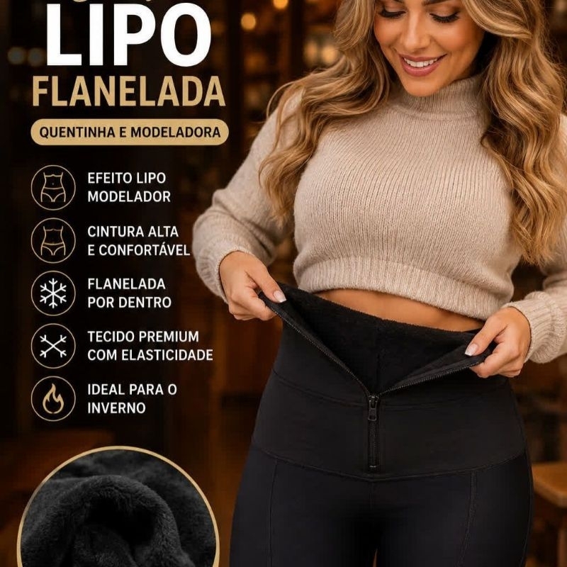 Calça Lipo Tecido Suplex Flanelada Legging com Cinta Modeladora Preta