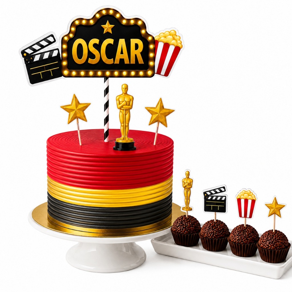 50 Topper Palito Docinho Cupcake Bolinho Decorado Tema Oscar Cinema Filme Claquete Estrela