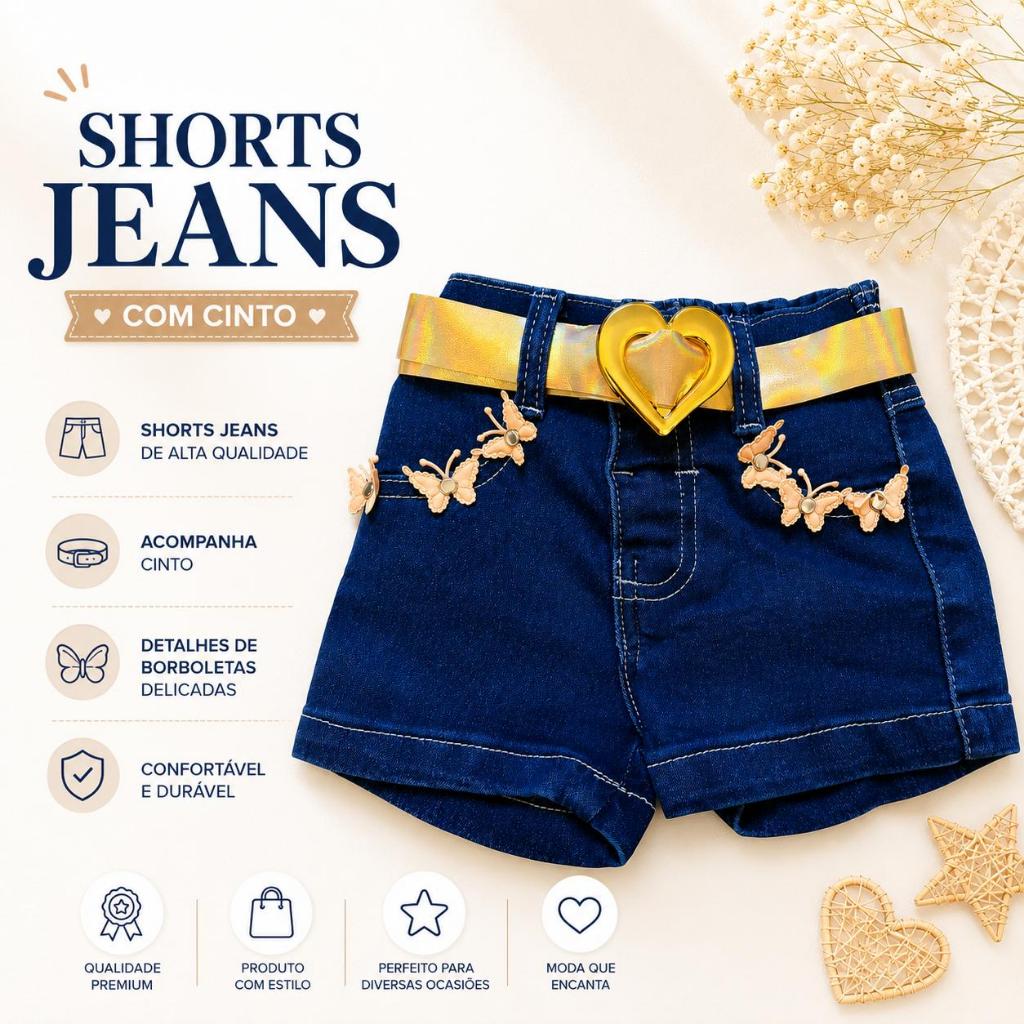 Short Jeans Com Aplicações de Borboletas Moda Infantil Bebê Menina Com Lycra + Cinto