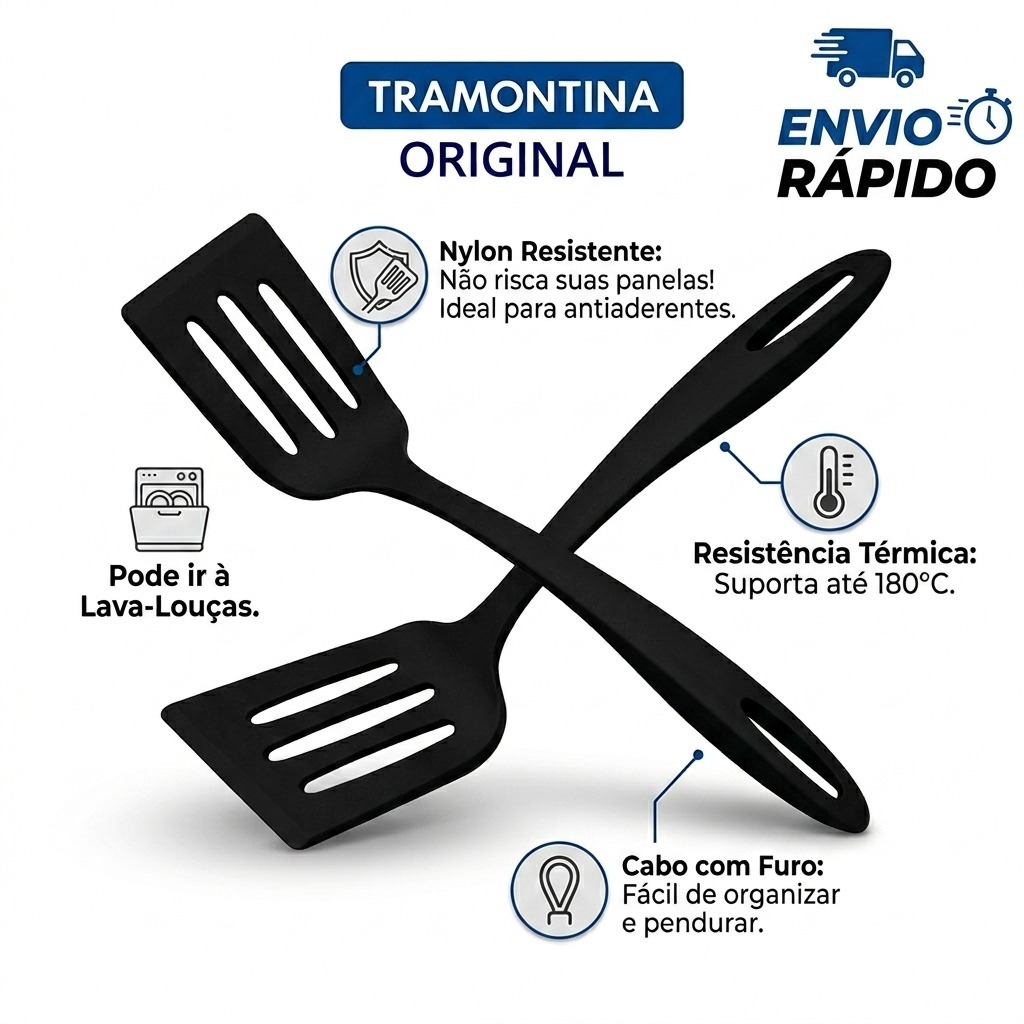 Espátula Cozinha Tramontina Nylon Preta Utensílio Hambúrguer Ovo Original Antiaderente Envio Rápido Com Nota Fiscal