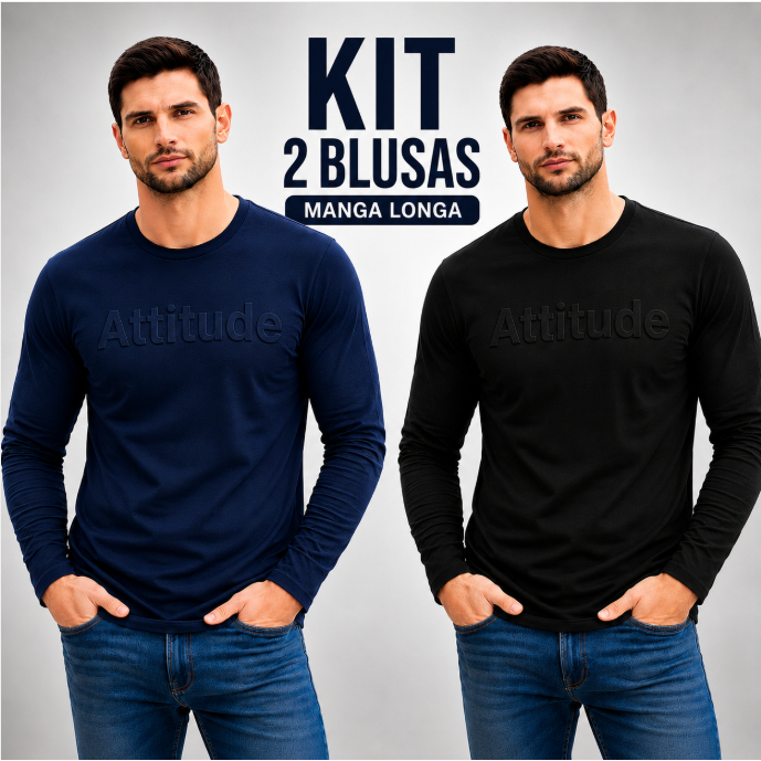 Kit 2 Blusas Manga Longa Masculina Básica Casual Confortável Gola Redonda P ao GG Camisetas manga longa inverno