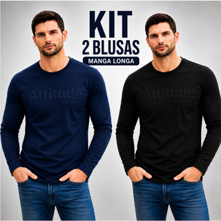 Kit 2 Blusas Manga Longa Masculina Básica Casual Confortável Gola Redonda P ao GG Camisetas manga longa inverno