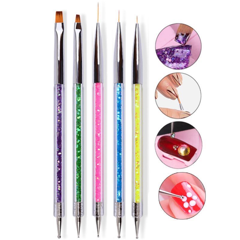 Kit Pincel Nail Art 2 em 1 com Glitter | Caneta para Desenho, Francesinha e Aplicação de Strass