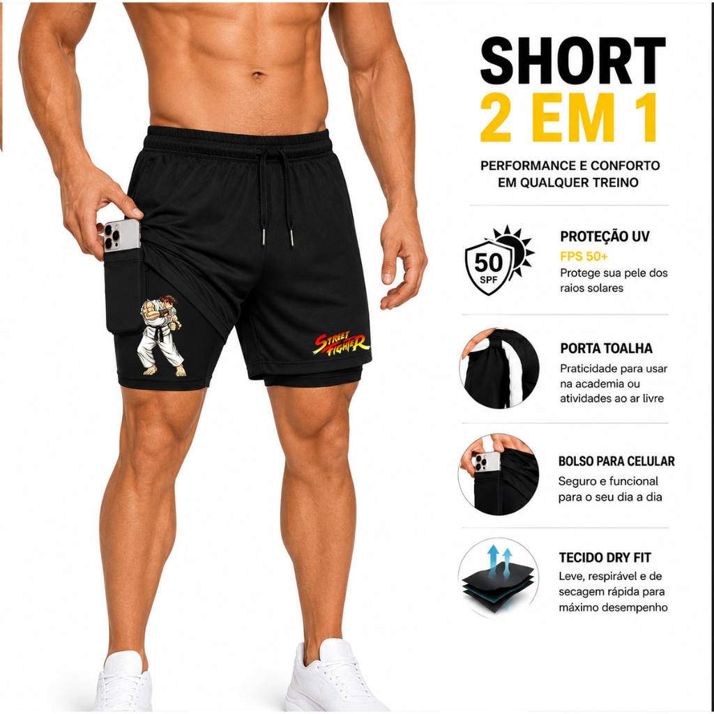 Bermuda Dry Fit Masculina Dupla com Forro de Short Compressão para Treino com Bolso Interno