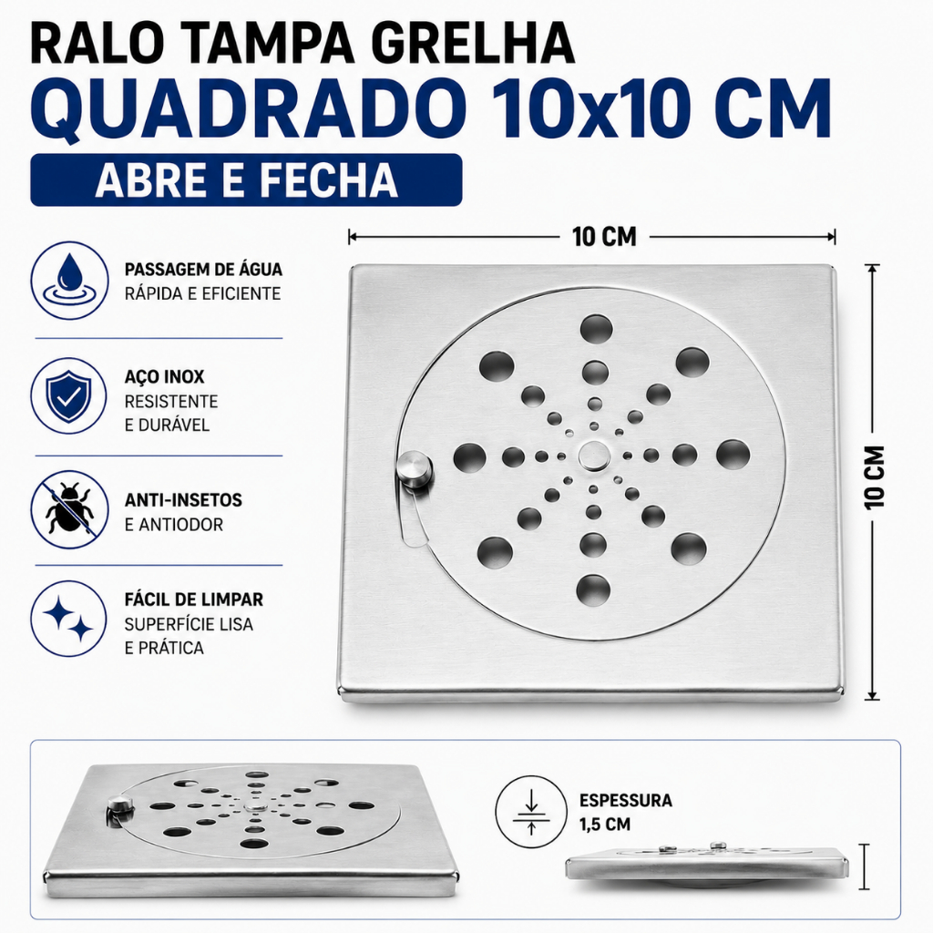 Ralo Tampa Grelha Quadrado 10x10 Inox Abre Fecha Rotativo Banheiro Anti Insetos
