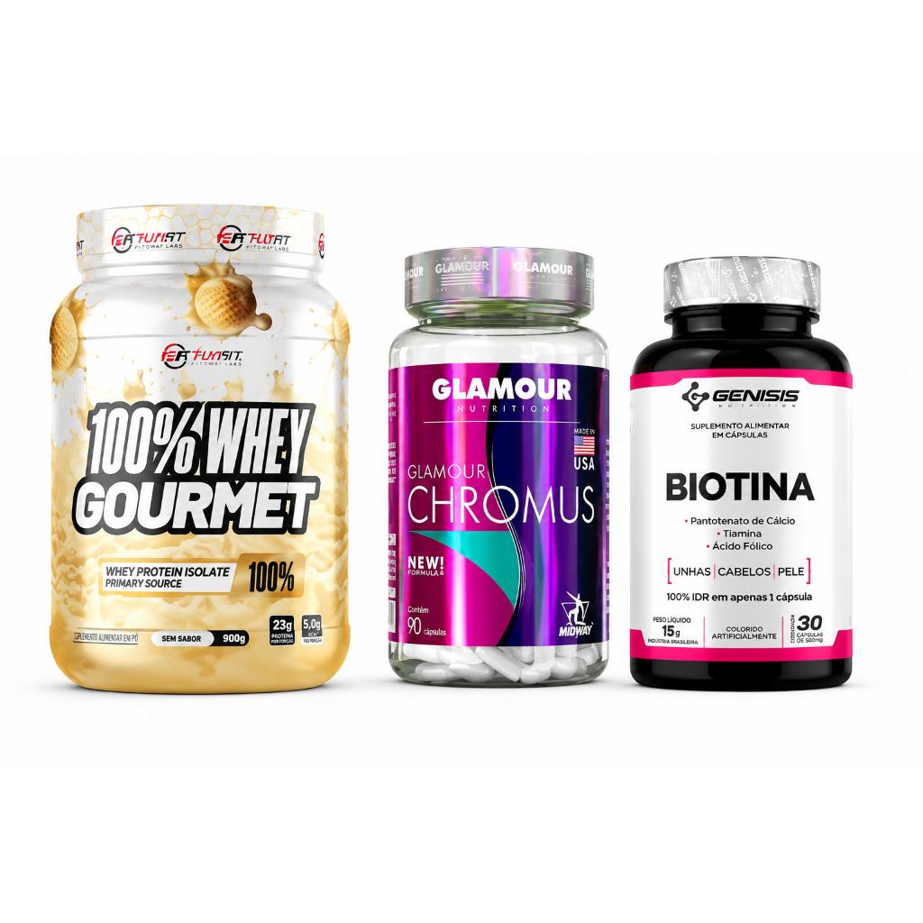 Whey Protein 100% 900g+ Chromus 90caps + Biotina 30caps| Beleza e Performance