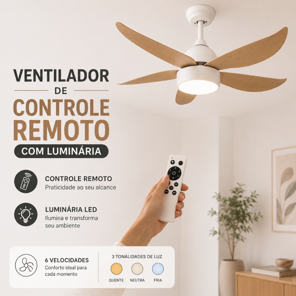 Ventilador de Teto de Controle Remoto Ventilador 5 Pás Bivolt Ventilador de Teto Ventisol Ventilador