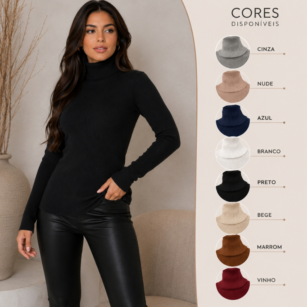 Blusa Cacharrel Feminina Segunda Pele Gola Alta Lã Canelada Manga Longa Inverno Térmica Confortável Moda