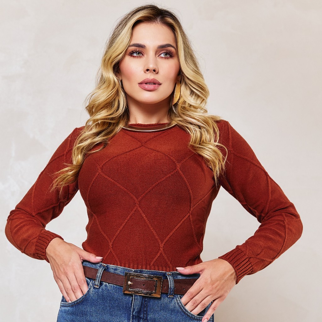 Blusa de Frio Feminina Modal Premium Elegante Inverno Slim Tranças Inverno Versátil Linda Sair