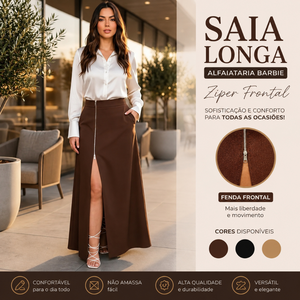 Saia Longa Feminina Alfaiataria Moda Evangélica Social Casual Básica Inverno Cintura Alta Ziper Frontal Elegante P081