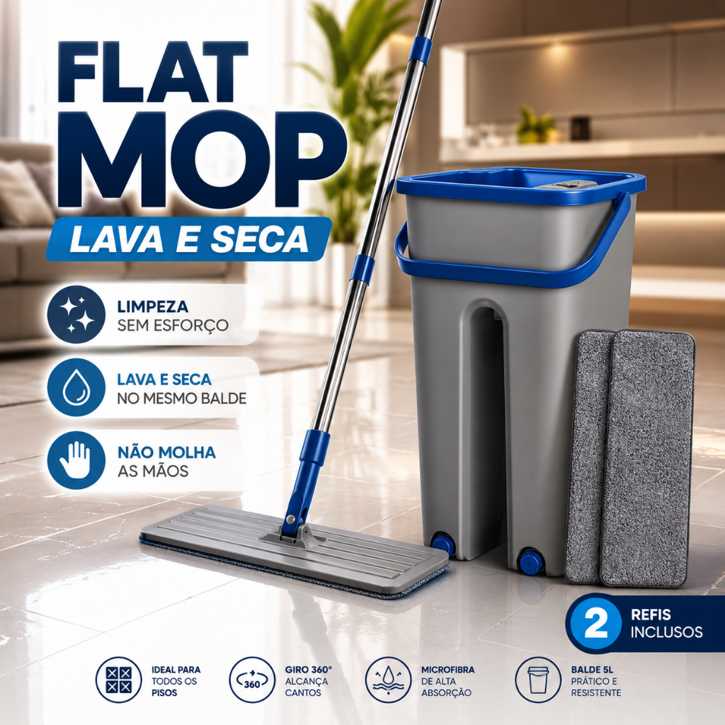 Flat MOP Lava e Seca com Balde 5L Duplo e 2 Refil Microfibra Limpeza Facil Profissional