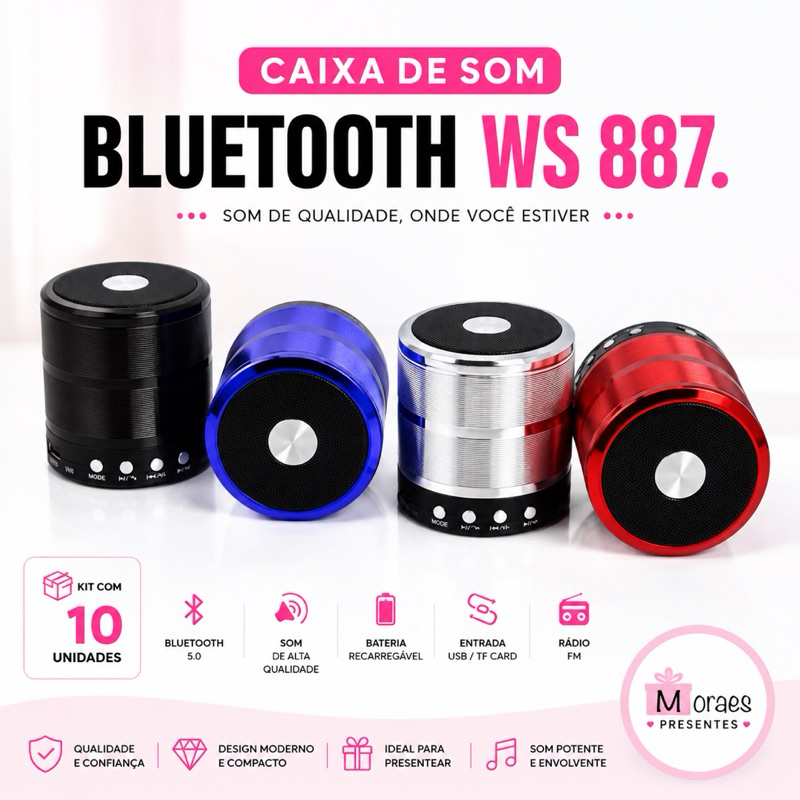 Kit com 10 caixas de som Bluetooth WS-887 portáteis com rádio FM, USB, cartão SD e bateria interna.