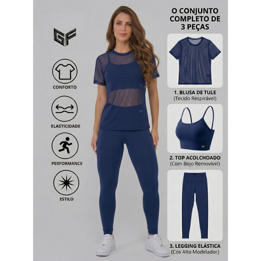 Kit de Roupas de Academia Feminino de Top com Bojo + Calça Legging + Blusa de Tule - Conjunto de Academia Feminino