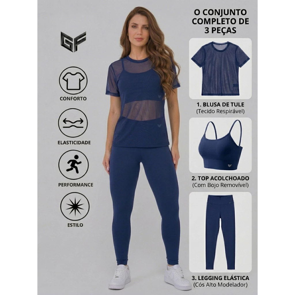 Kit de Roupas de Academia Feminino de Top com Bojo + Calça Legging + Blusa de Tule - Conjunto de Academia Feminino — imagem 1